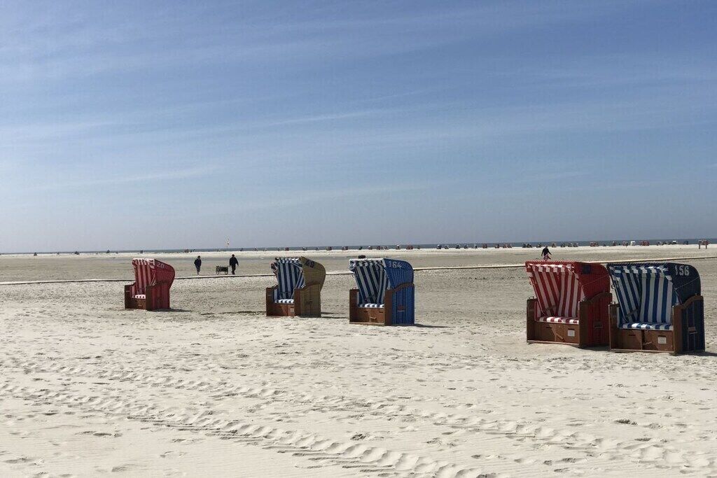 Beach chairs lined up on a sandy beach with a clear sky.