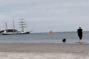 A beach with a large sailing ship, a lifeboat, and a person walking. - Travemünde-Priwall - Anchorage (Lübeck Travemünde)