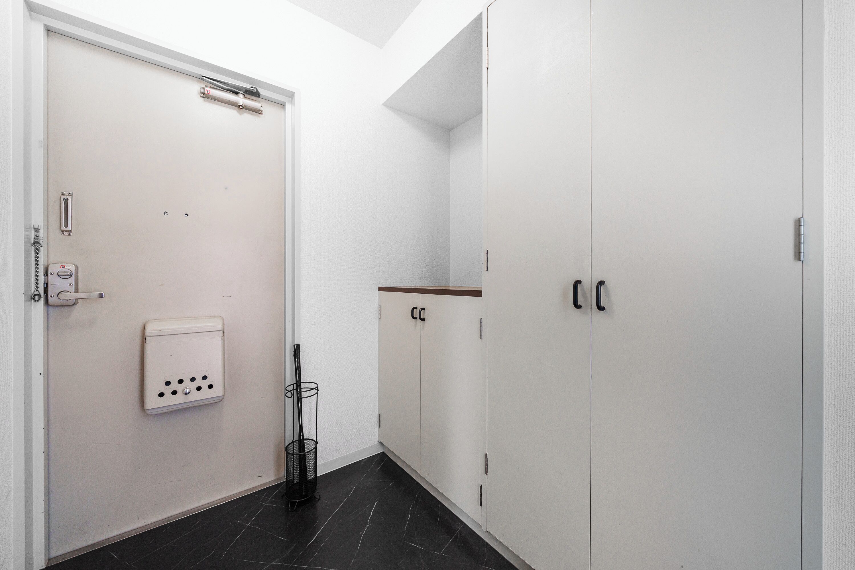 Un pasillo con una puerta blanca, un perchero y un armario de dos puertas.