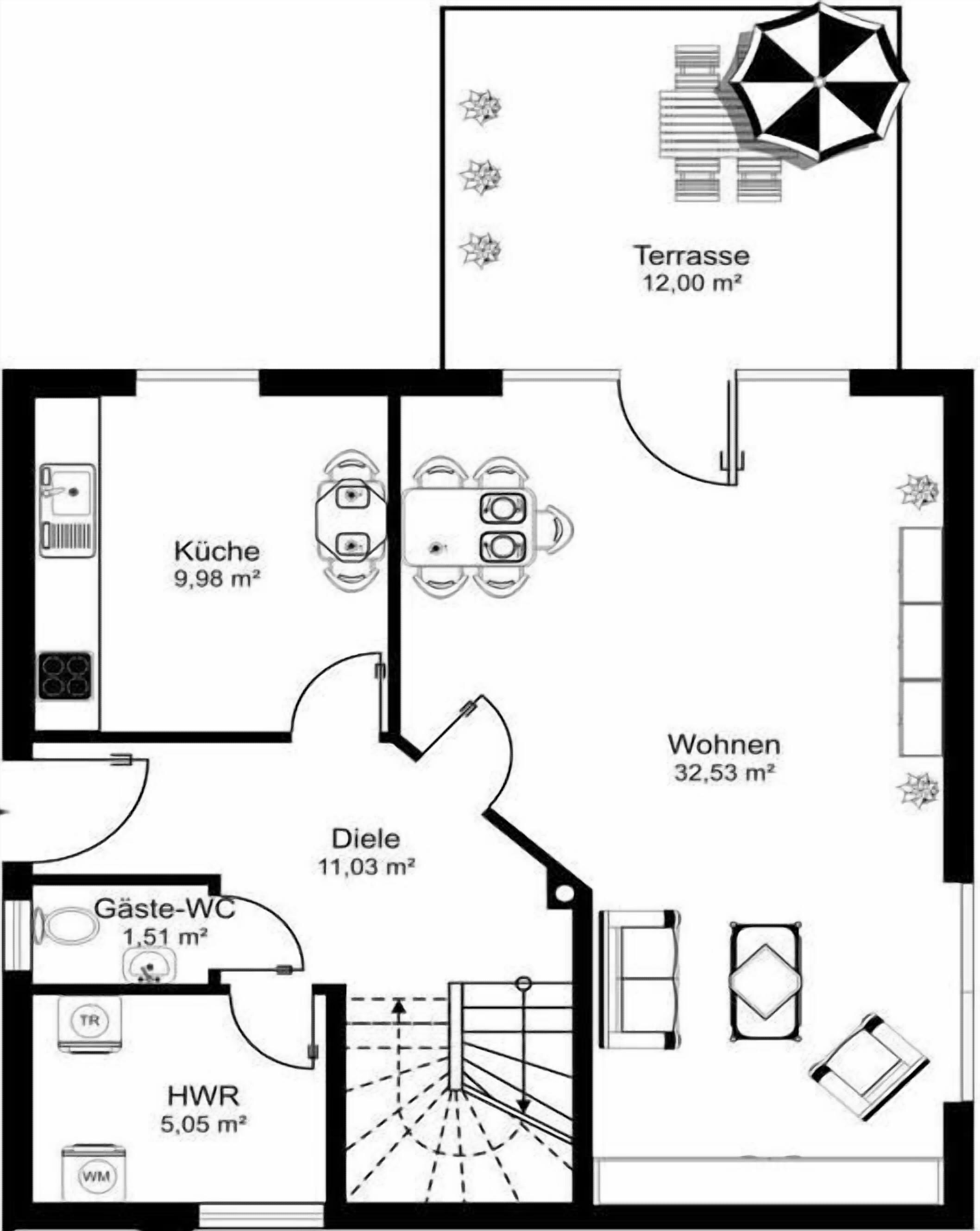 Ein Hotelgrundriss mit Terrasse, Küche, Essbereich, Wohnzimmer, WC und Hauswirtschaftsraum.