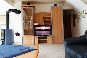 Un saló amb televisió, un sofà i un moble amb portes de vidre.