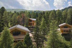 A cabin complex surrounded by dense forest, with multiple buildings featuring wooden exteriors and pitched roofs. - Cabin in Turrach with balcony and Wi-Fi (Turrach)