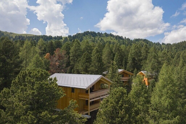 Una cabaña de madera ubicada en medio de un bosque denso, con un cielo despejado arriba.