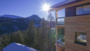 Un edificio moderno con fachada de madera, grandes ventanales y vistas a montañas nevadas.