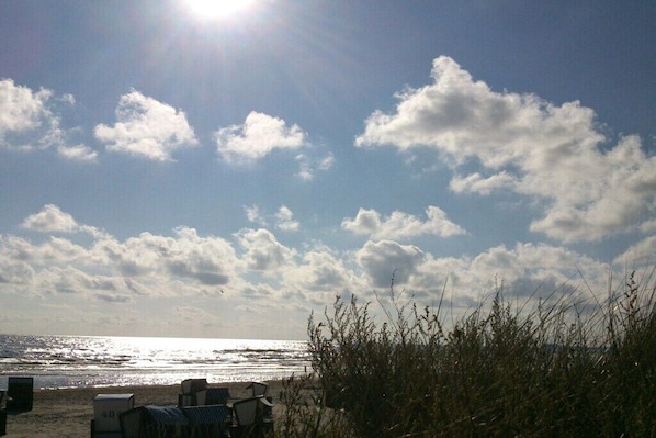 Ein Strand mit blauem Himmel, vereinzelten Wolken und wenigen Liegestühlen.