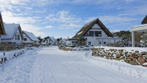 Une rue résidentielle enneigée, bordée de maisons aux toits en pente et aux murs de pierre.