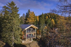A cabin with a two-story structure, surrounded by dense forest. - Superior Chalet #1 with Sauna & Hot Tub (Turrach)