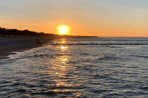 A beach with a sunset, calm water, and a pier extending into the sea. - Park Residence at Hafen 11 - "MeerZeit" (Seeheilbad Zingst)
