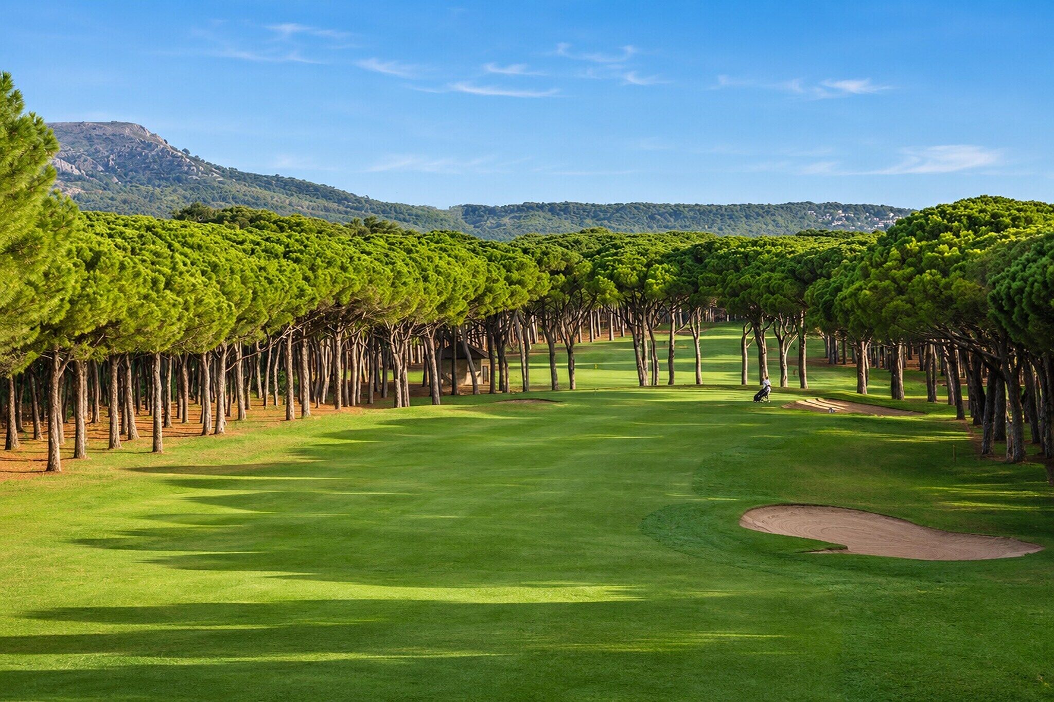 Een golfbaan met heldere lucht, een verzorgd gazon en een berg in de verte.