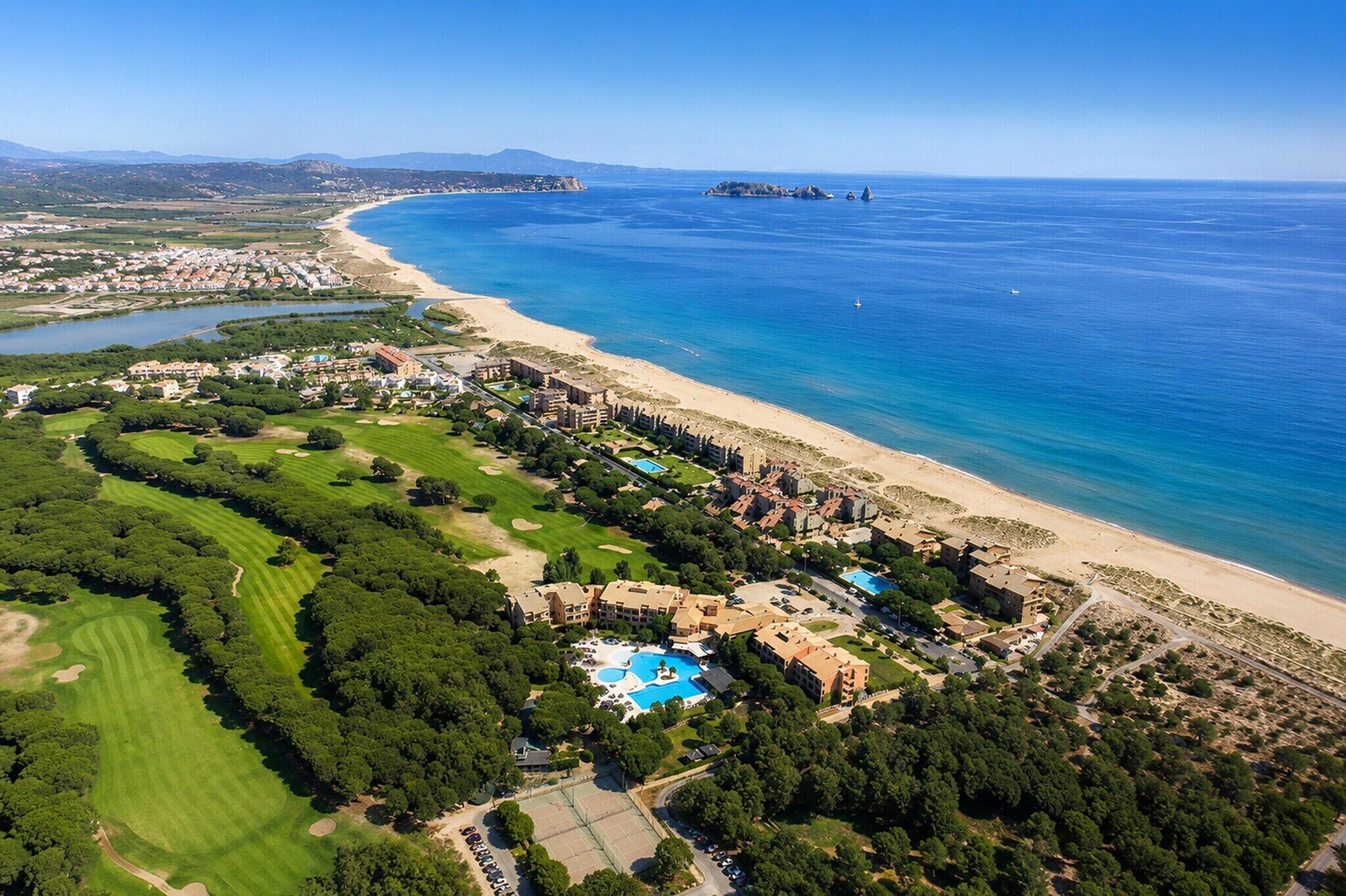 Vista aérea de un complejo turístico frente al mar, con playa, piscina y campo de golf.