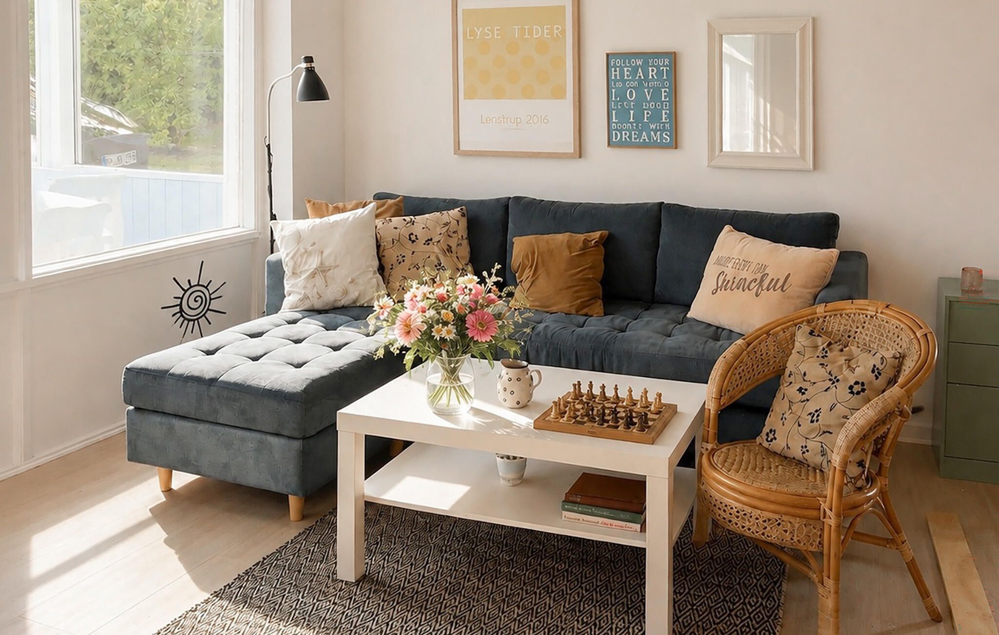 En stue med en grå sofa, et sofabord med et skakspil og en fletstol.