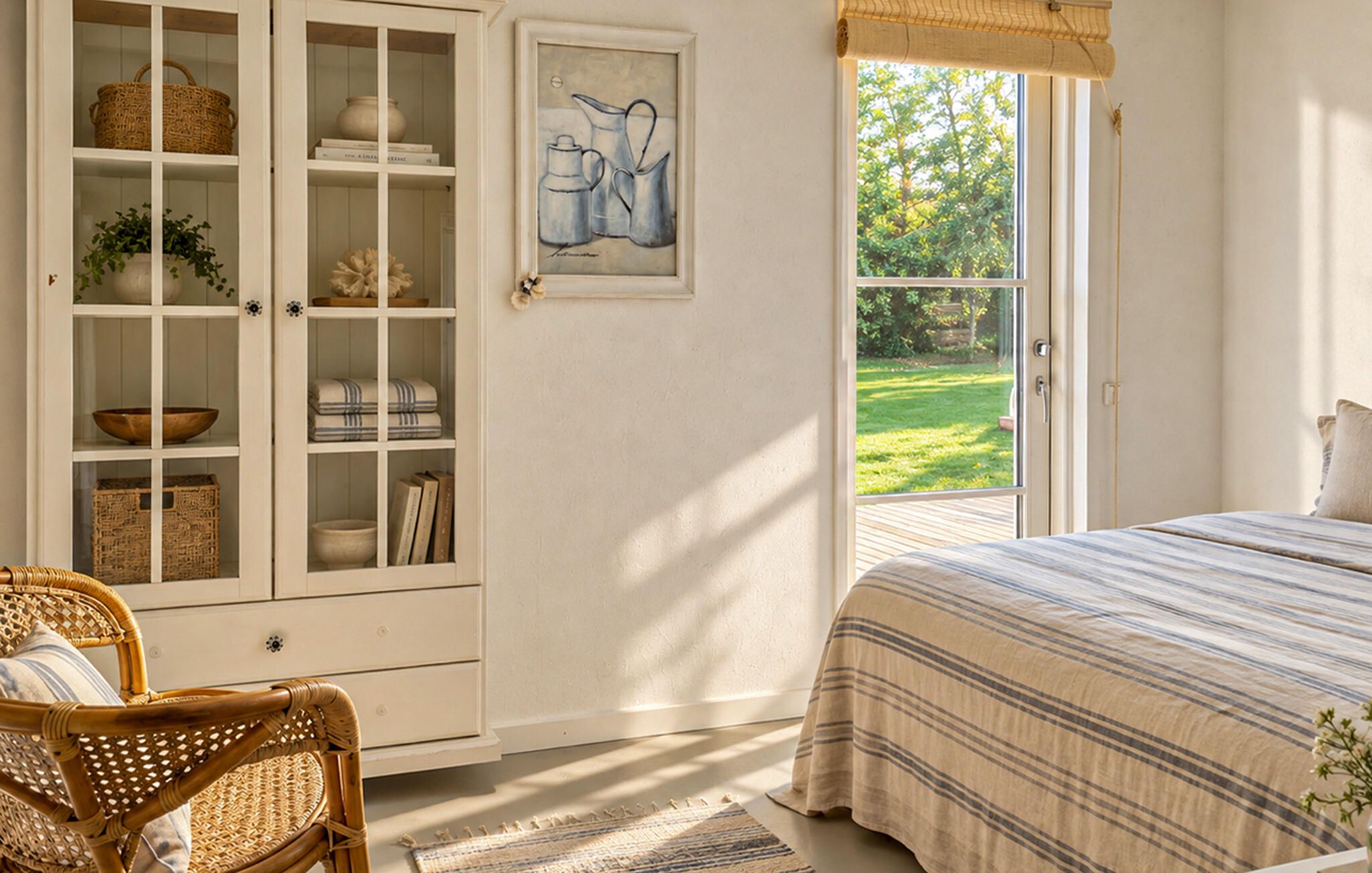 A bedroom with a large window, a wicker chair, a bed with striped bedding, and a cabinet with glass doors.
