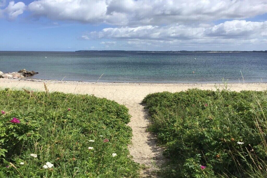 A beach path leading to the sea with a clear sky.