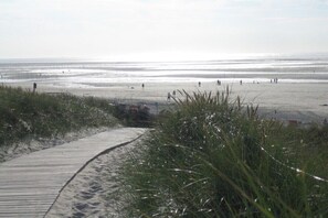 Ein Strand mit einem hölzernen Promenadenweg, der zum Wasser führt, umgeben von Gras.