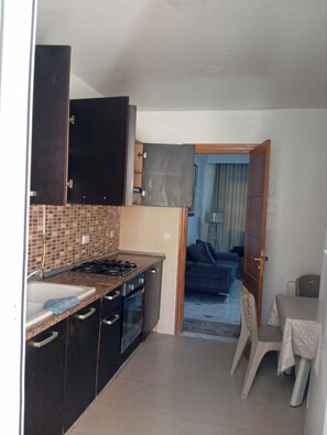 A compact kitchen with dark cabinets, a tiled backsplash, and a gas stove. - A furnished apartment in Cité Ennasr, located on a private floor with no neighbors. (Ariana)