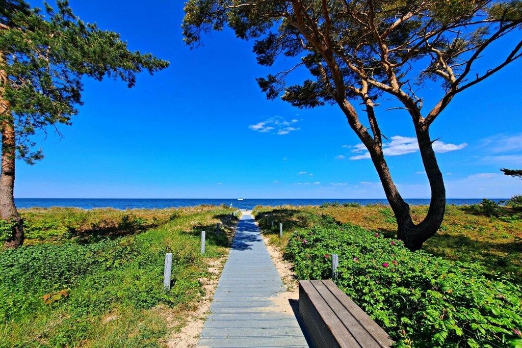 A wooden pathway leading to a beach with a clear sky.
