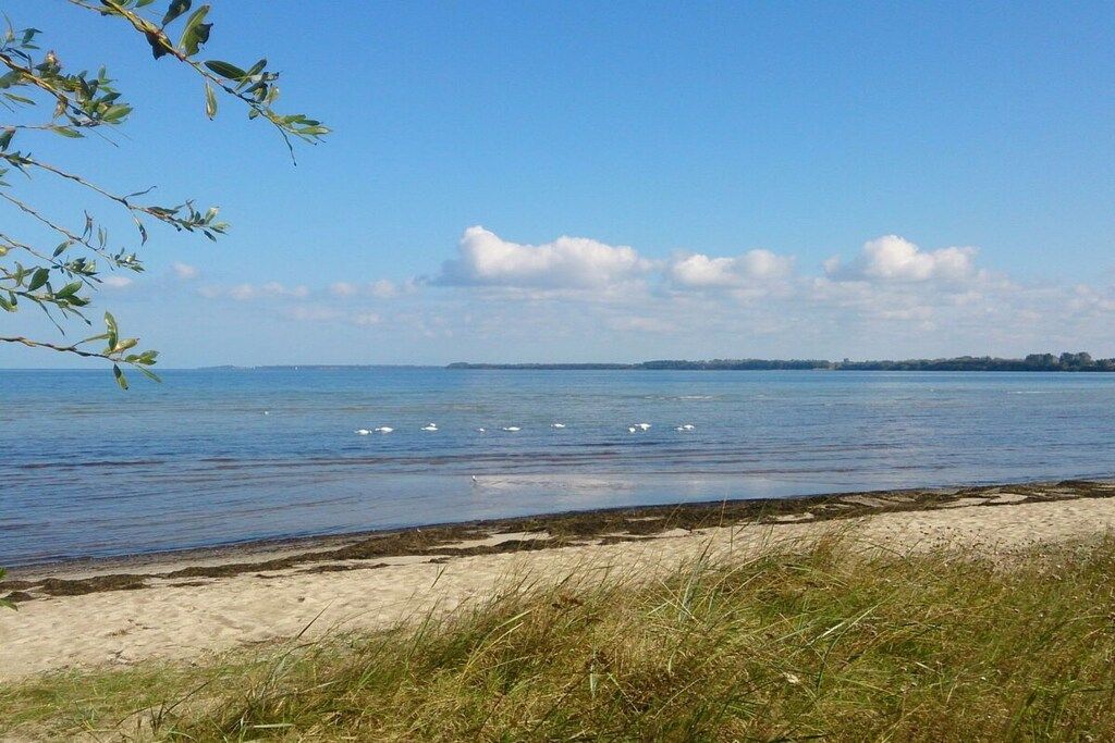 A beach with clear skies, calm water, and distant land.