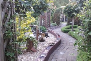 Un sendero en un jardín con un borde de ladrillo curvo, rodeado de follaje y plantas.