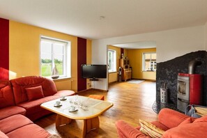 A living room with a sofa, a coffee table, a television, and a fireplace. - Thatched holiday home (Bollingstedt)