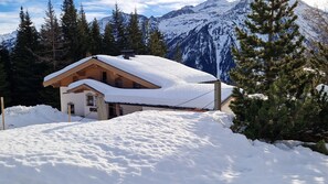Een houten chalet met een sneeuwbedekte hellende dak, omgeven door besneeuwde grond en dennenbomen, met een bergketen op de achtergrond.