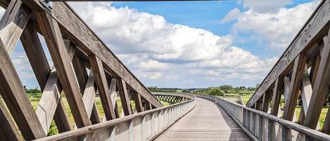 A wooden pedestrian bridge with a metal railing and a clear sky.