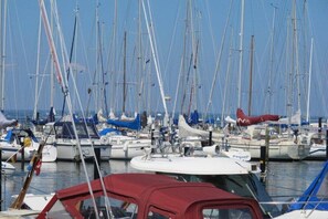 A marina with multiple sailboats docked. - Terrace house by the sea (Langballig)
