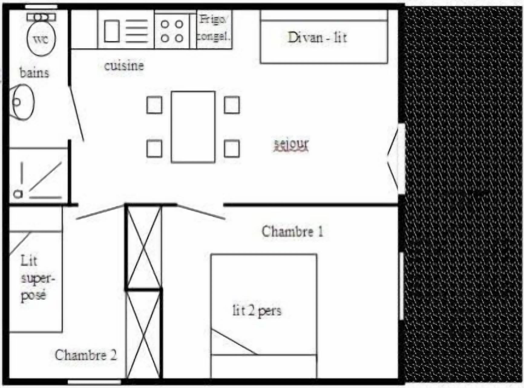 A hotel floor plan with two bedrooms, a kitchen, a dining area, and a bathroom.