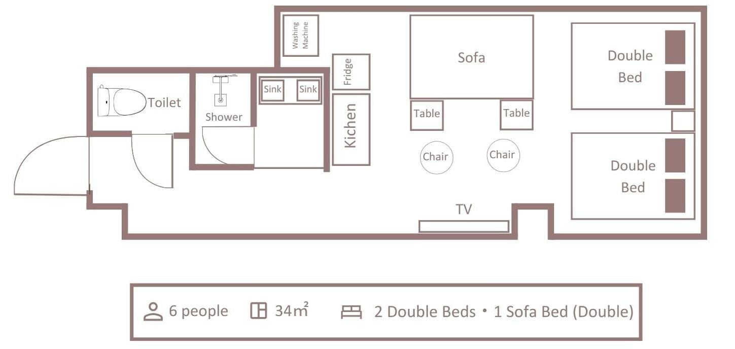 A 34m² apartment layout with 2 double beds, 1 sofa bed, 2 chairs, a TV, a kitchen, a bathroom with a shower, toilet, and sink.