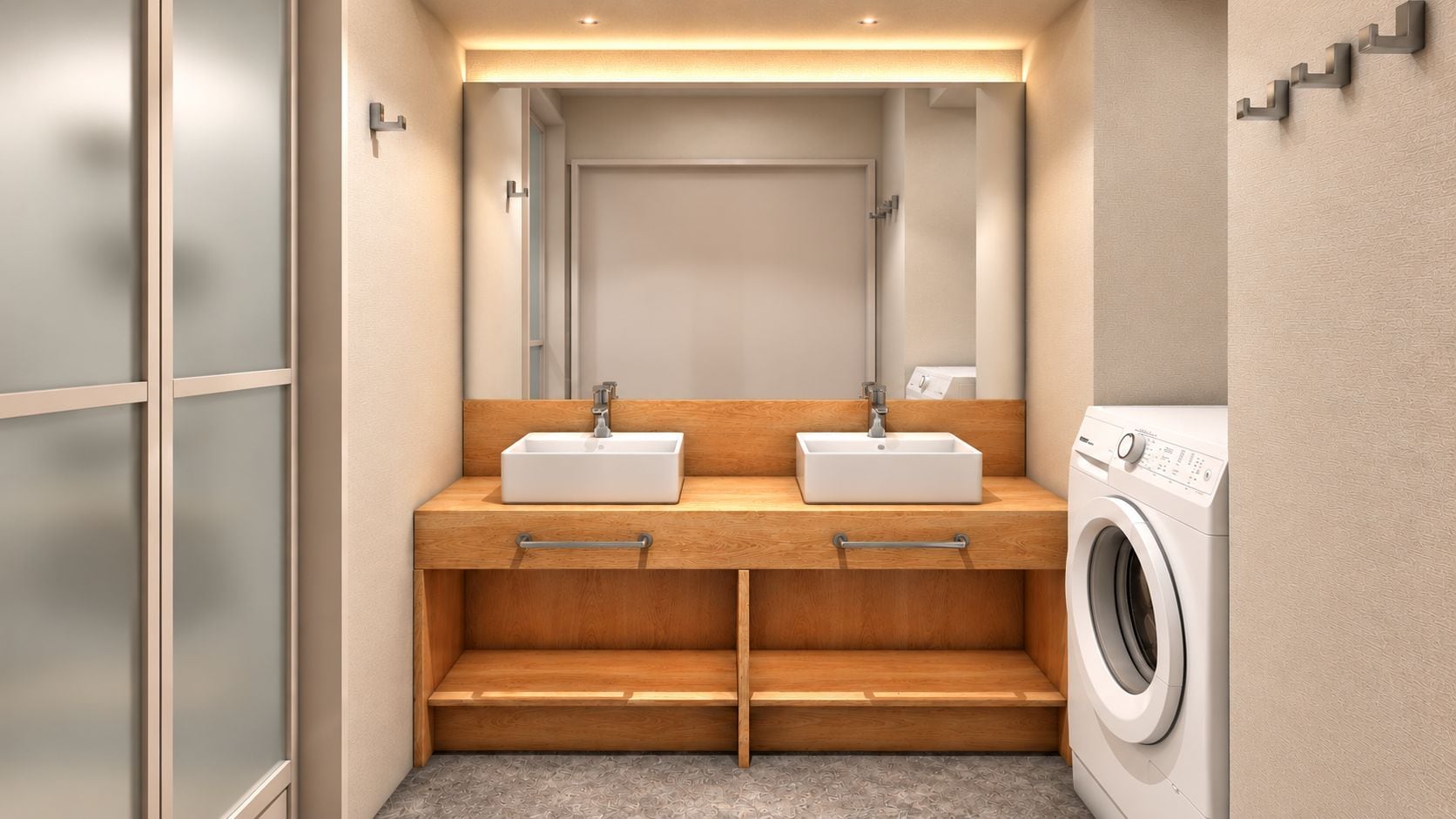 Un baño moderno con dos lavamanos, un espejo, un mueble de tocador de madera, lavadora integrada y cabina de ducha con mampara de vidrio.