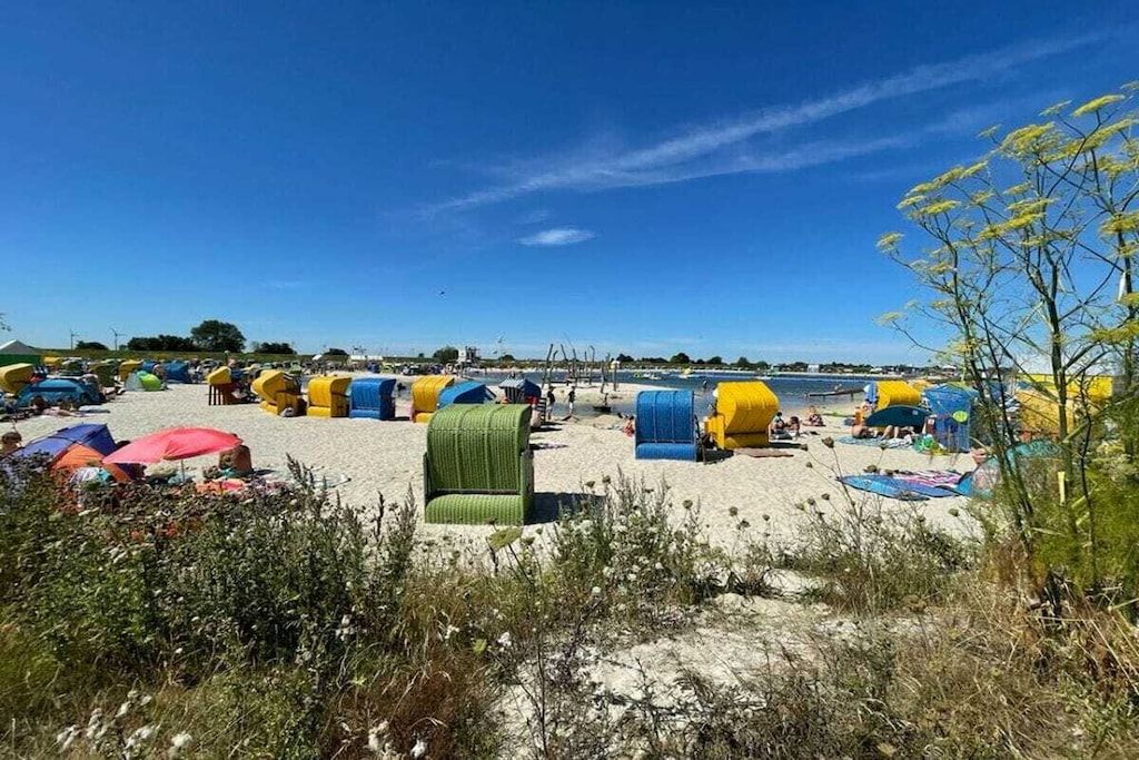 A beach with multiple colorful beach chairs and umbrellas.