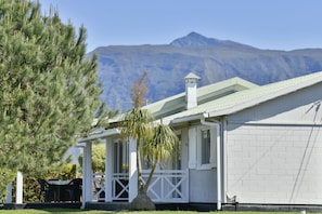 A white building with a porch, a tree, and a mountain in the background.