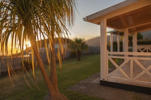 A covered outdoor area with a palm tree and a white structure with a railing.