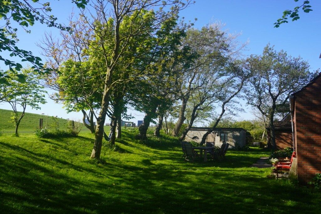 A grassy outdoor area with trees, a brick building, and a stone structure.