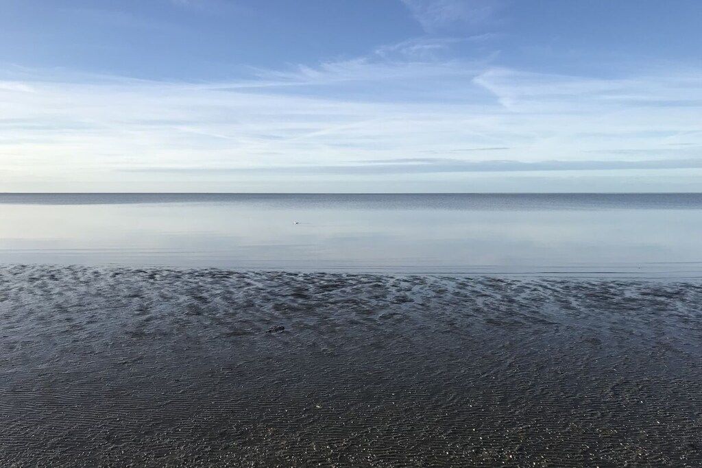 Ein Strand mit ruhiger See und blauem Himmel.