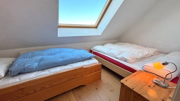 Una habitación pequeña y acogedora con dos camas de madera, un tragaluz y una mesita de noche con lámpara.