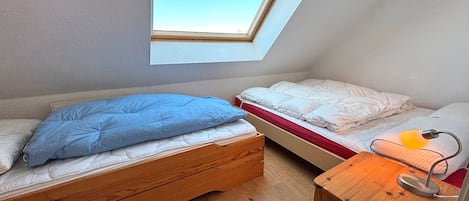 A small, compact room with two wooden beds, a skylight, and a bedside table with a lamp.