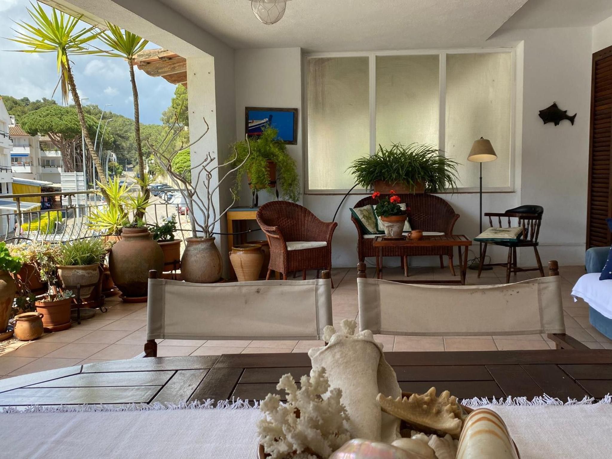 Ein Zimmer mit Blick auf die Stadt, möbliert mit Korbstühlen, einer Couch und einem Esstisch. Auf dem Boden befinden sich Blumentöpfe und ein dekoratives Korallenstück.