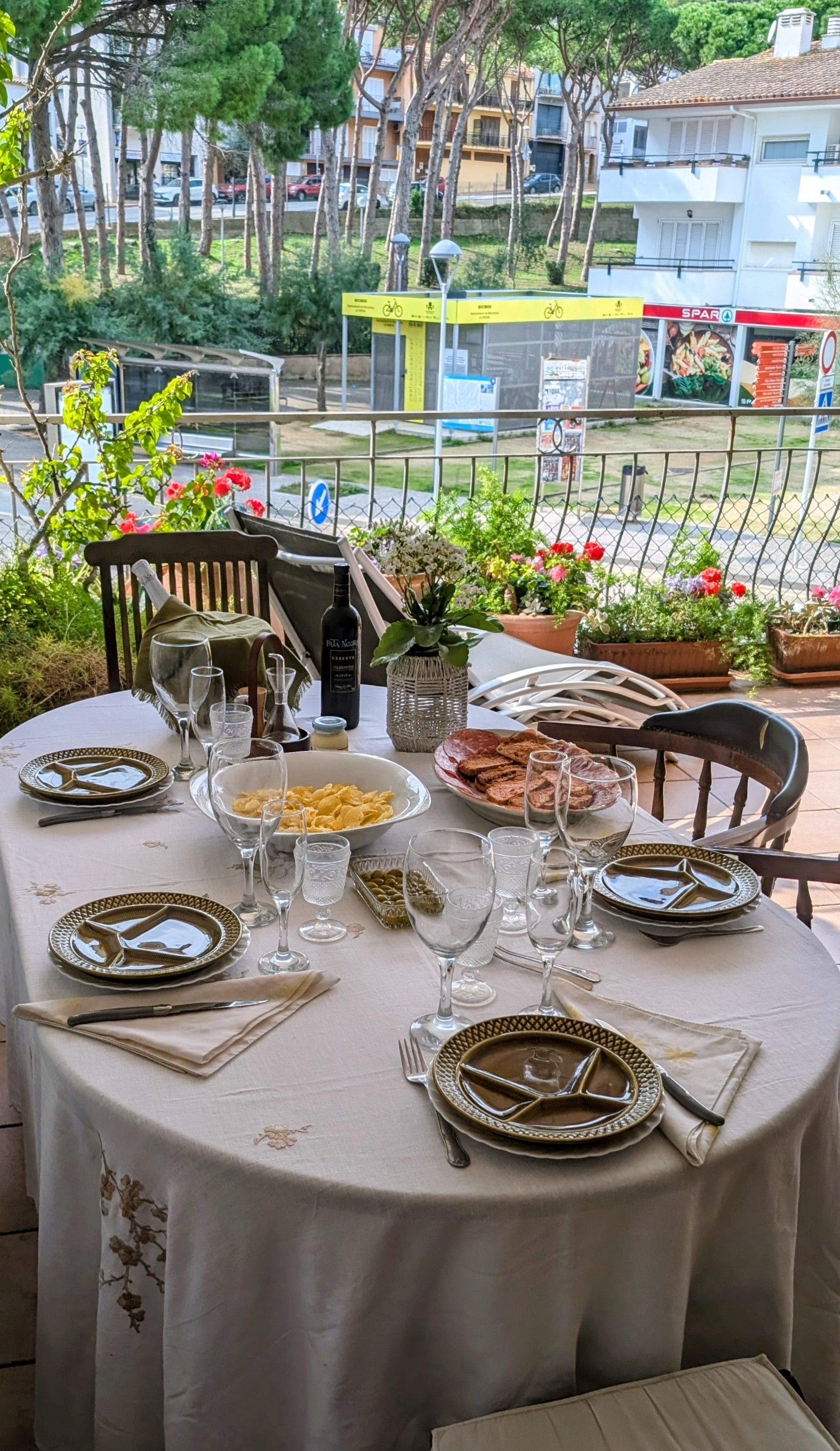 Ett utomhusbord med tillhörande stolar, dukat med tallrikar, bestick, glas och en flaska, omgivet av krukväxter.