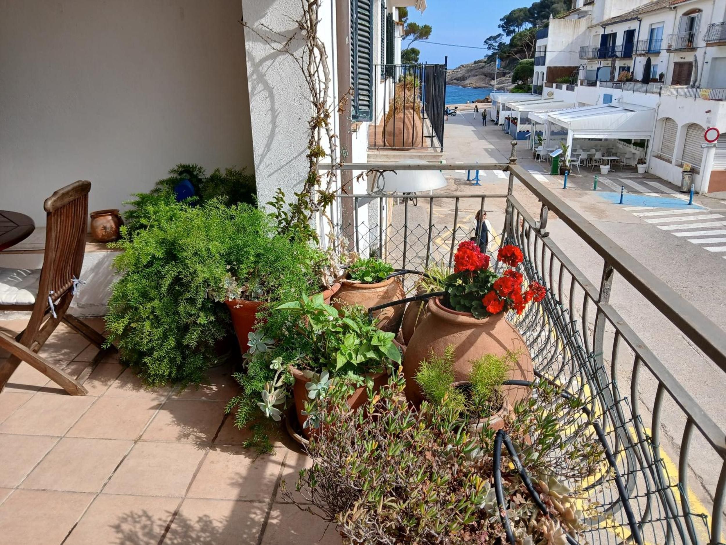 Un balcón con plantas en macetas, una silla y vistas a una calle costera con edificios y una cafetería.