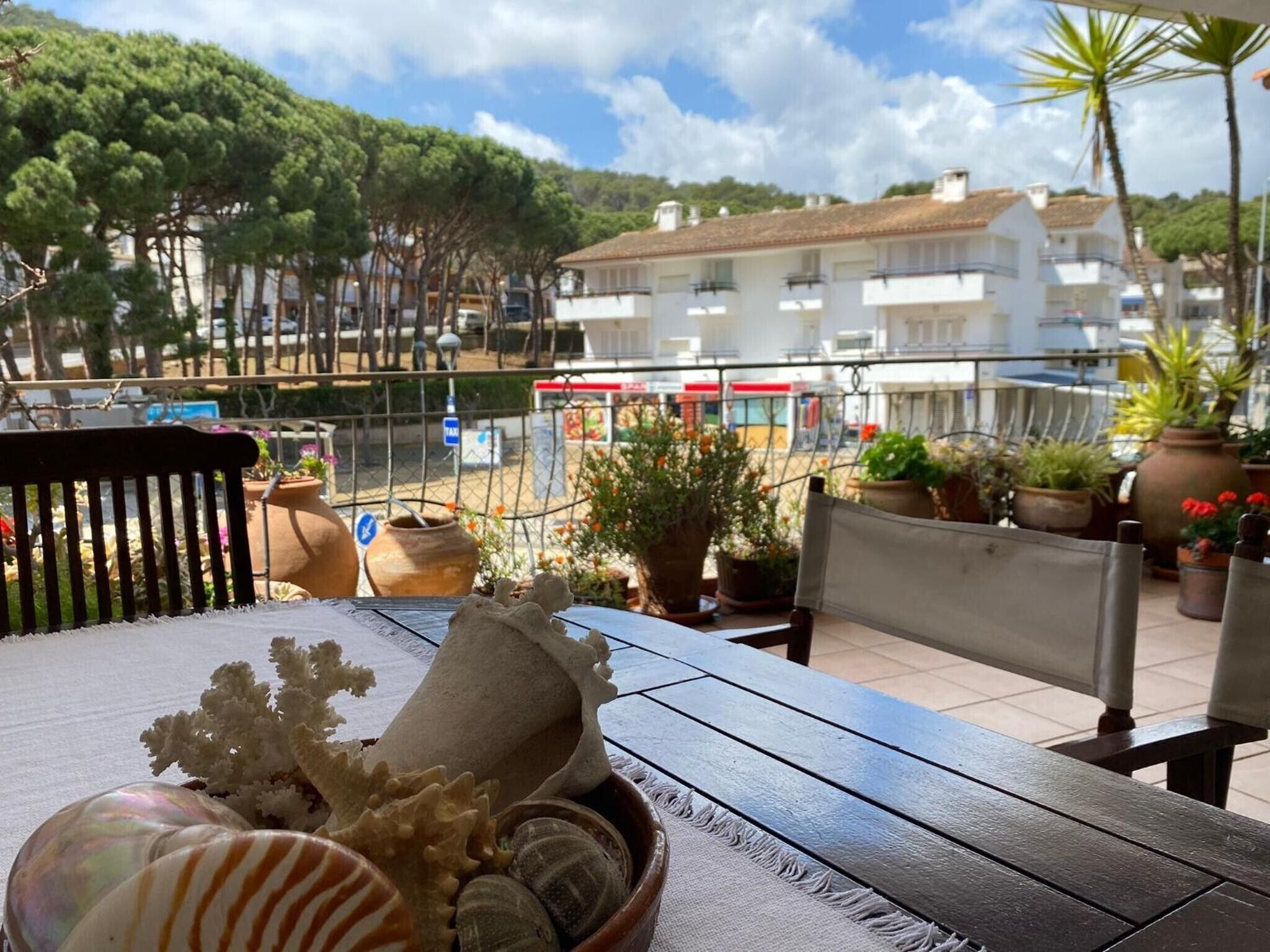 Een terras met een tafel, stoelen en decoratieve objecten, waaronder schelpen en een vaas.