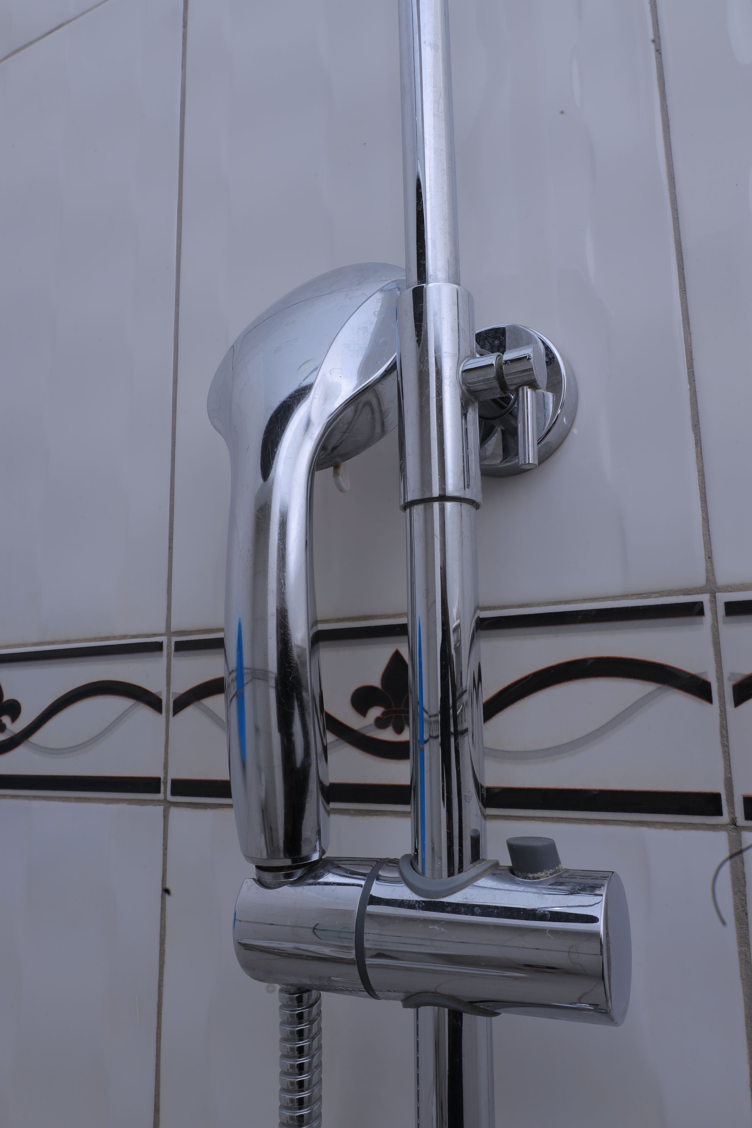 A chrome showerhead with a flexible hose attached, mounted on a tiled wall with decorative patterns.