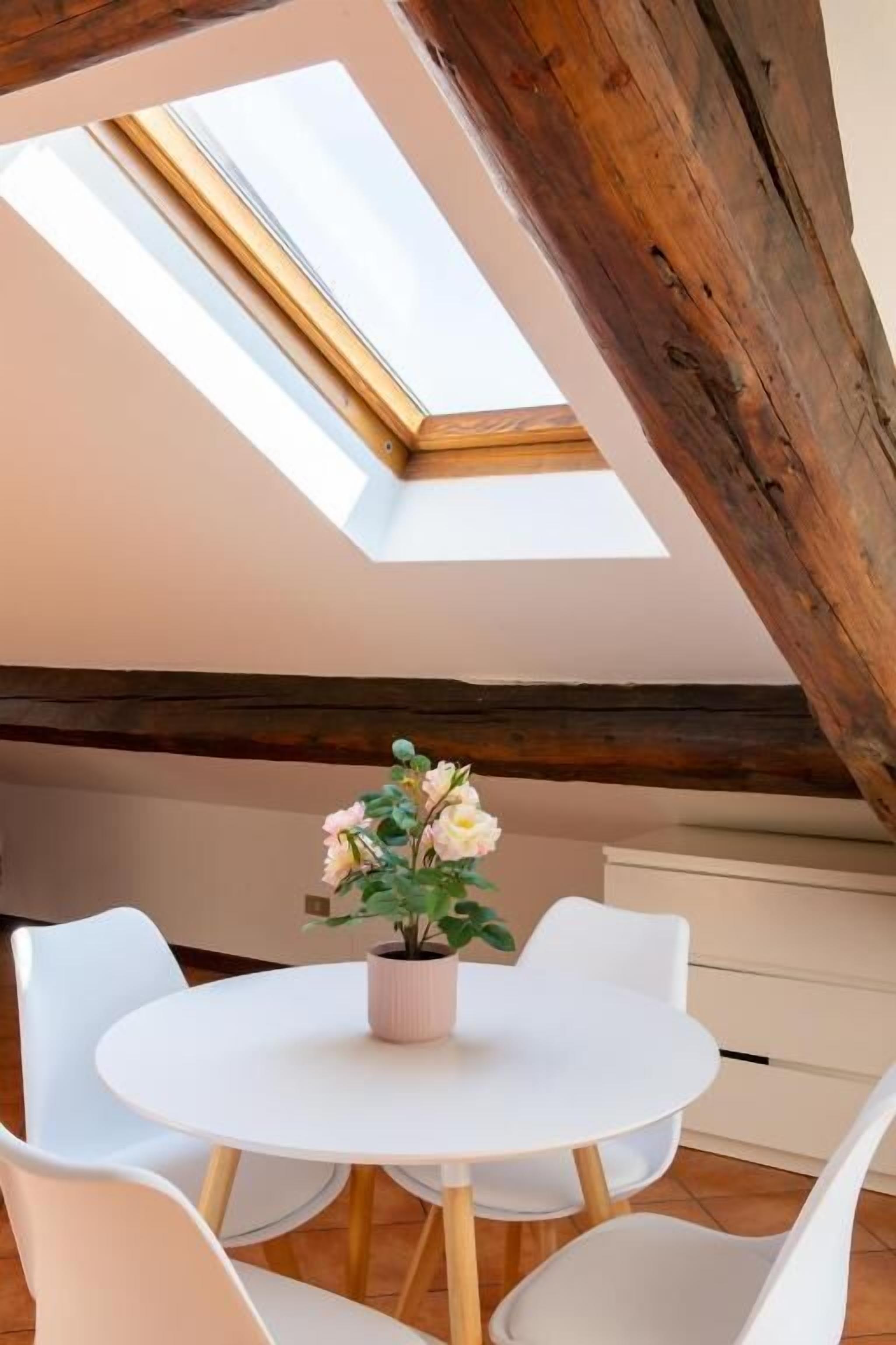 A room with a skylight, a round table with chairs, and a potted plant.