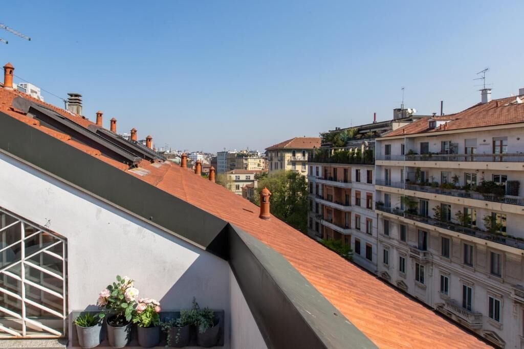 Terraza en la azotea con plantas en macetas, cielo despejado y edificios circundantes.