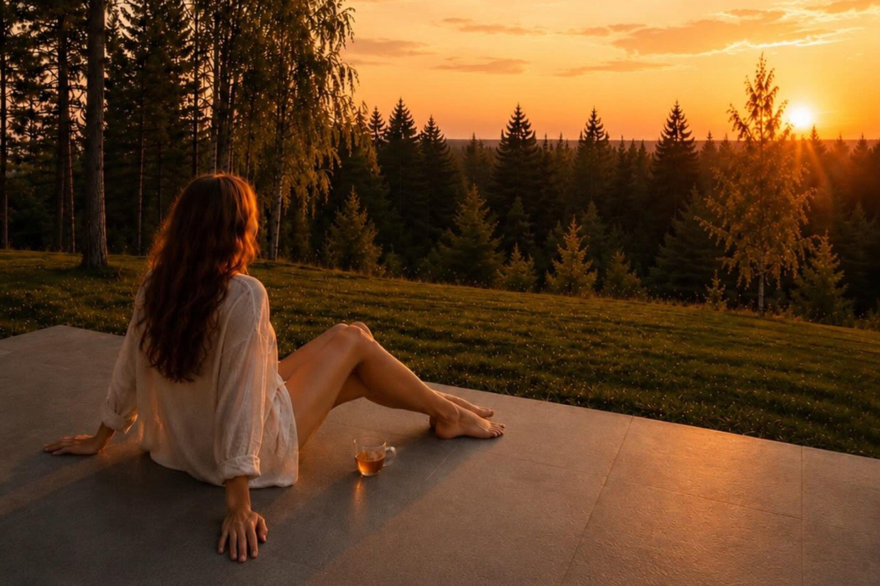 Eine Person sitzt draußen auf einer Betonfläche mit Blick auf Bäume und einen Sonnenuntergang im Hintergrund.