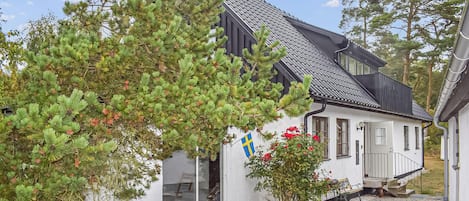 A house with a sloped roof, a visible window, and a flag.