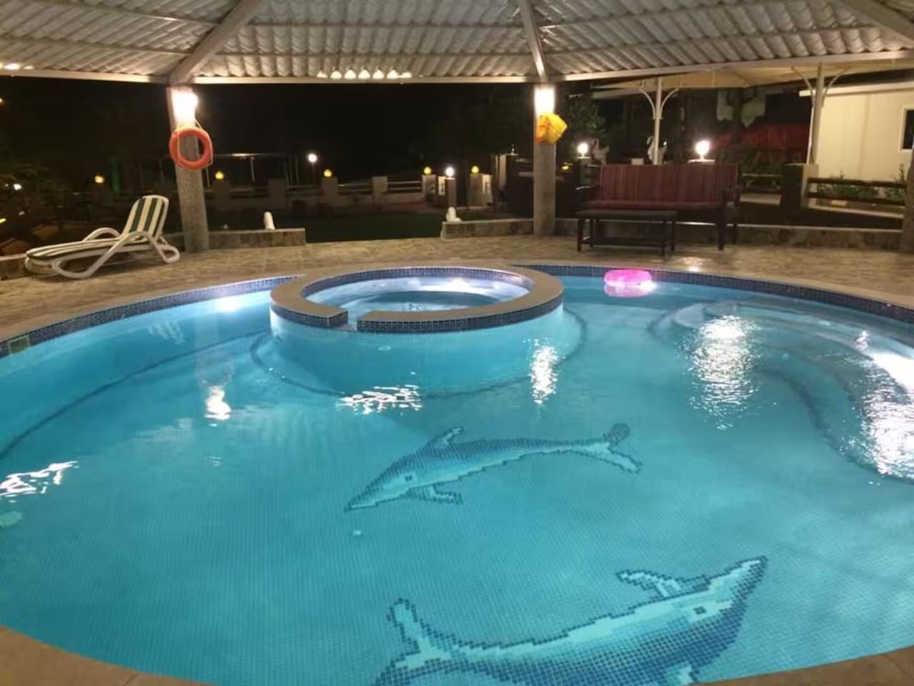 A swimming pool with dolphin designs on the floor, surrounded by lounge chairs and a covered area with seating.