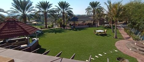 A well-maintained lawn with a gazebo, palm trees, and a barbecue area.