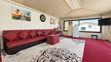 A room with a sofa, ottoman, and a large patterned rug.