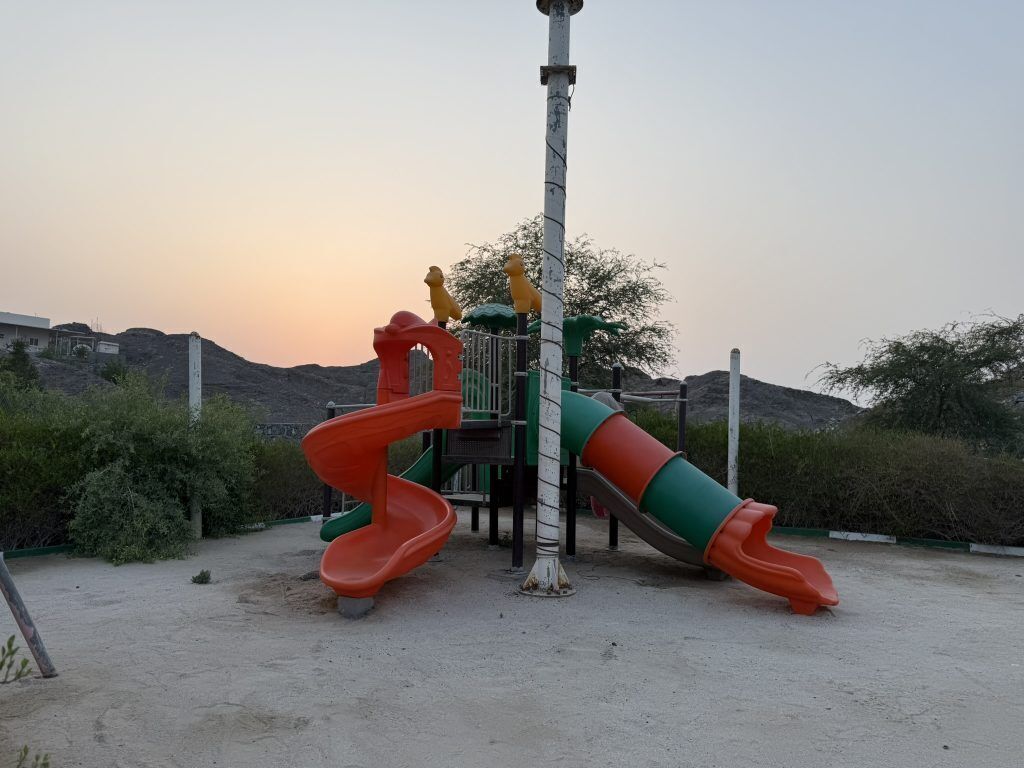 A playground with two slides and a climbing structure.