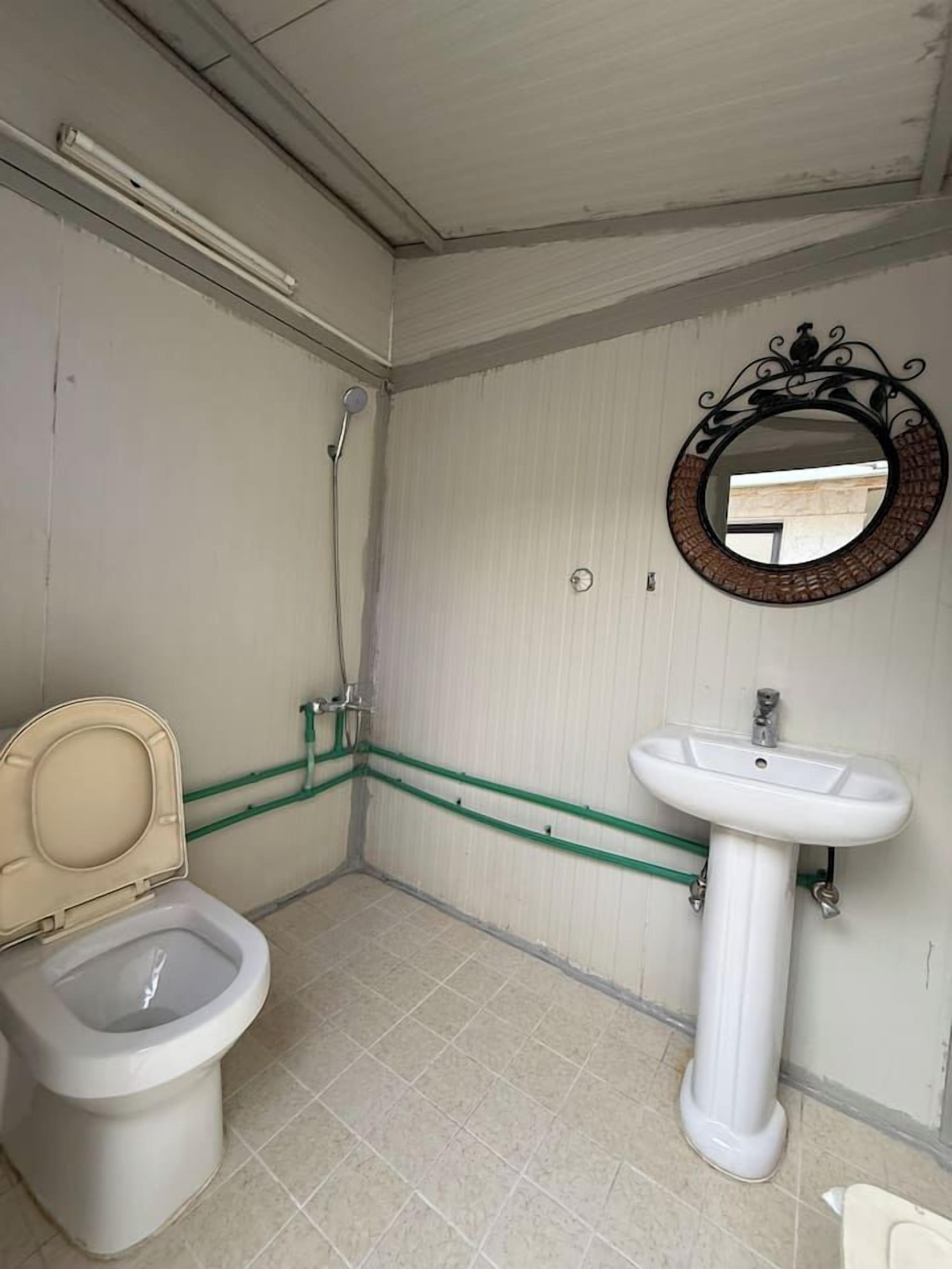 A bathroom with a toilet, a sink, and a shower.